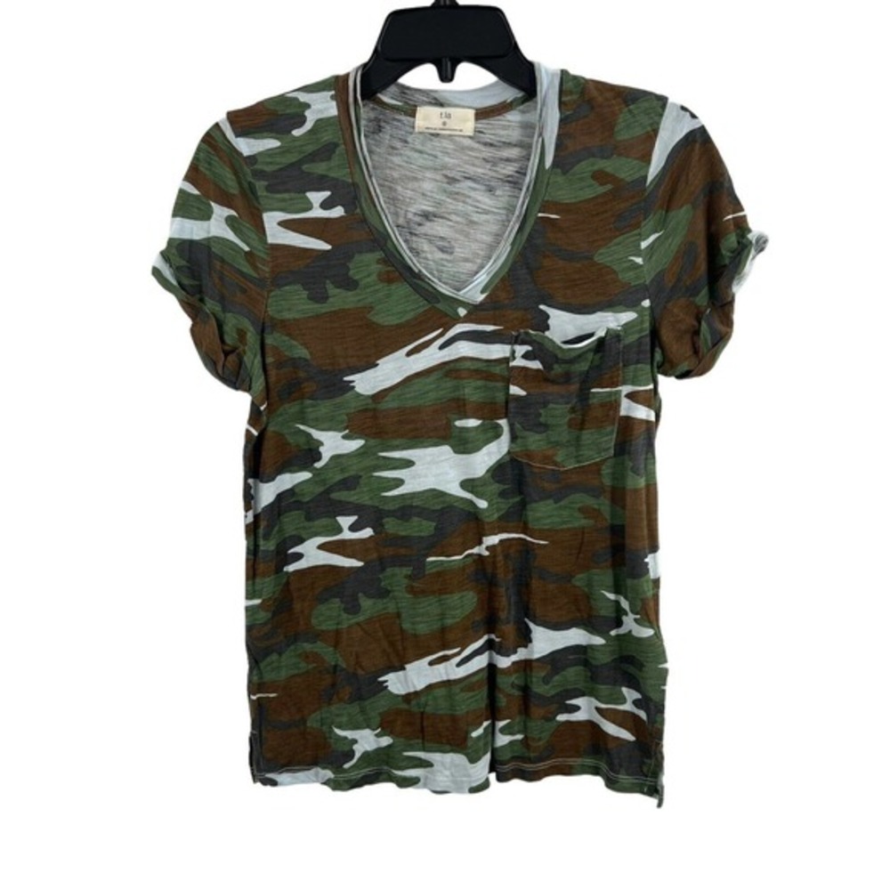 Anthropologie T.la Camo Short Sleeve V Neck Tee New Small